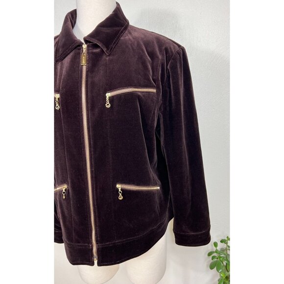 Vintage St. John Sport Womens Brown Velour Gold Zip Up Lined Jacket Sz XL Retro - Picture 3 of 16